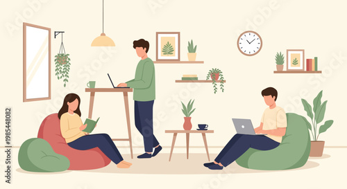 People working and reading in a cozy home office environment.