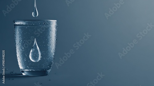 A close-up shot of a glass filled with water, featuring a water droplet