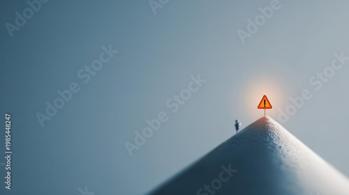 A person stands before a warning sign atop a mountain