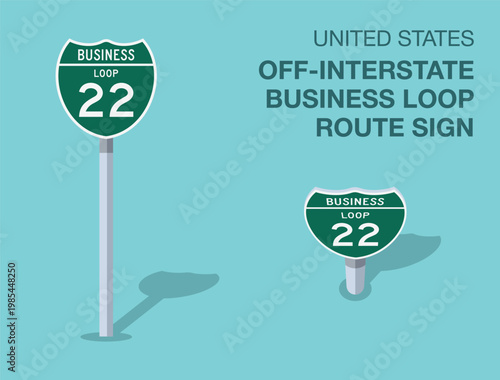 Traffic regulation rules. Isolated United States "off-interstate business loop route" road sign. Front and top view. Flat vector illustration template.