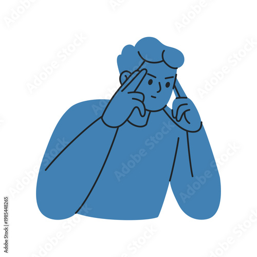 Monochrome male character in focus and concentration pose, flat cartoon man with determined expression. Mindfulness and mental clarity, productivity and attention concept vector illustration