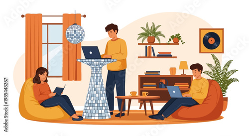People working and reading in a cozy home office environment.