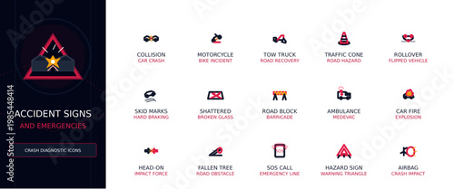 Traffic Accident and Emergency Signs Vector Icon Set, Minimalist Outline UI Elements
