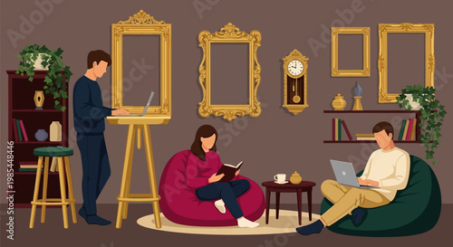 People working and reading in a cozy indoor setting.