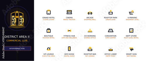 Commercial District and Entertainment Hub Vector Icon Set, Minimalist Outline UI Elements
