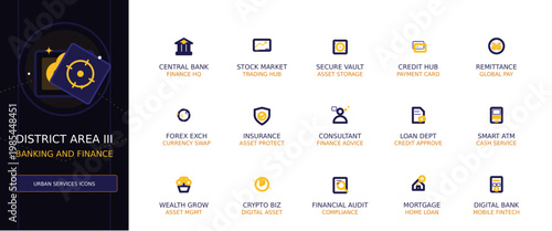Banking and Finance District Vector Icon Set, Minimalist Outline UI Elements for Urban Services
