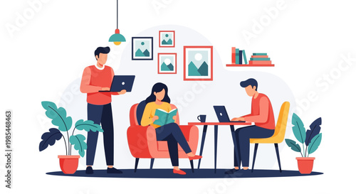 People working and reading in a cozy indoor space.