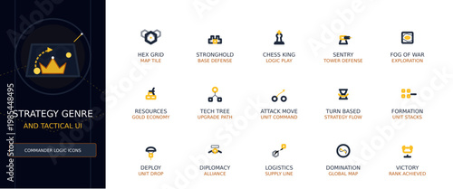 Strategy Game and Tactical UI Vector Icon Set, Minimalist Outline Elements for Commander Logic
