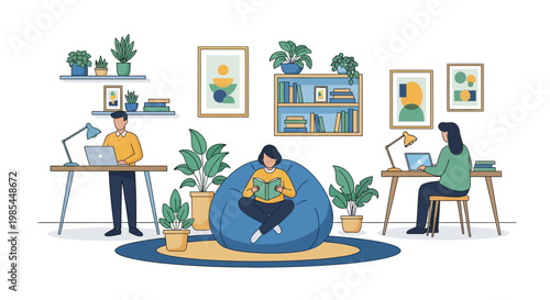 People working and relaxing in a modern home office.