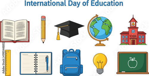 International Day of Education icons a set of school supplies and learning symbols
