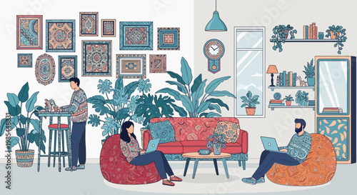 People relaxing and working in a cozy bohemian living room.