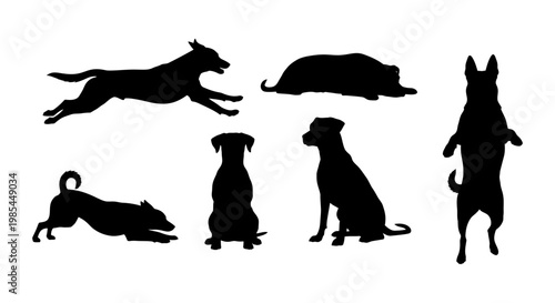 Collection of dog silhouettes in various action poses including running sitting and standing isolated on white