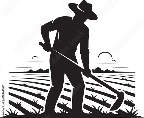 Black silhouette farmer, plowing field, rural landscape, agricultural worker, vector illustration