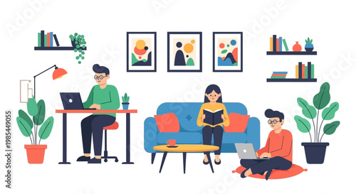 People working and reading in a cozy living room setting.