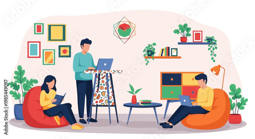 People working and reading in a cozy living room setting.