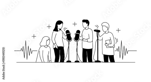 People recording a podcast with microphones and audio wave graphics in modern flat line art style