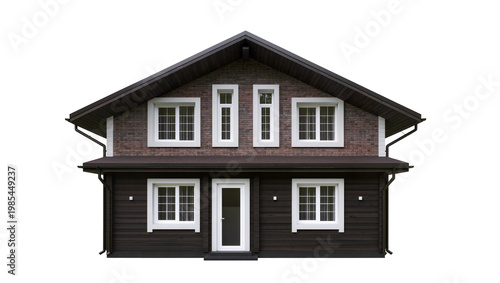 Принти на полотні Dark brown two-story house with white window frames and roof overhang