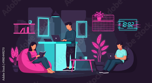 Modern Office Space with People Working on Laptops.