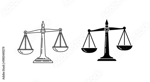 Traditional scales of justice in line art and solid black silhouette for legal and judicial branding