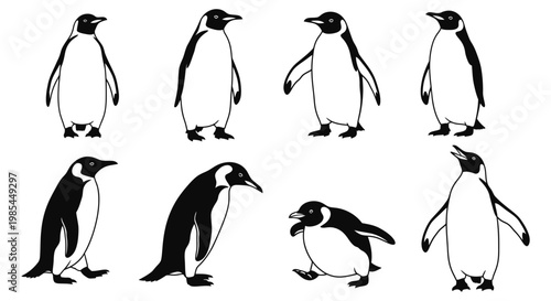 Collection of emperor penguin silhouettes in various poses including walking standing and looking up