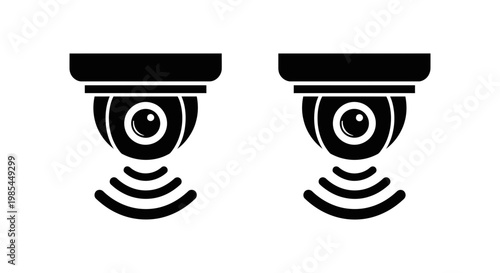 Security surveillance camera icons with radar waves indicating active monitoring and motion detection systems