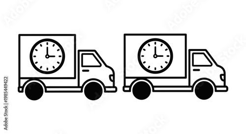 Delivery truck icons with clock face symbol representing fast and on time logistics service concept