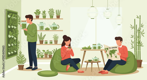 People enjoying tea in a cozy plant-filled room.
