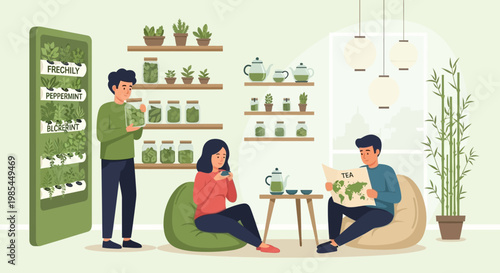 People enjoying tea and plants in a cozy room.