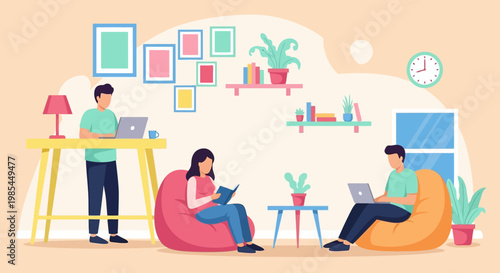 People working and reading in a modern co-working space.