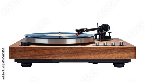 Foto Vintage wooden turntable record player with black tone arm and platter