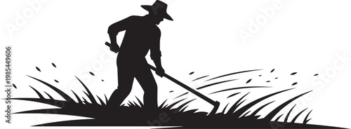 Black silhouette farmer, man raking, lawn care, gardening icon, vector illustration