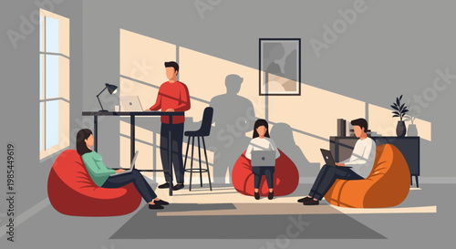 People working and relaxing in a modern living room.