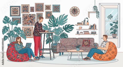 People working and relaxing in a modern living room.