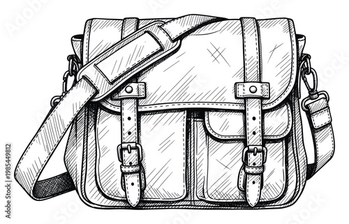 Detailed hand drawn sketch of a classic messenger bag with buckles and pockets suitable for illustrating travel accessories or vintage luggage concepts