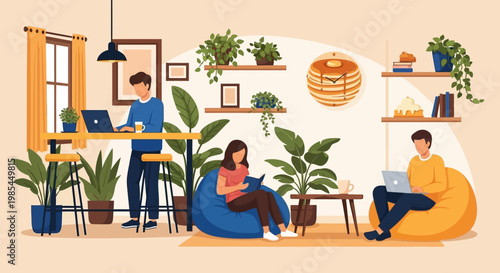 People working and relaxing in a cozy coworking space.