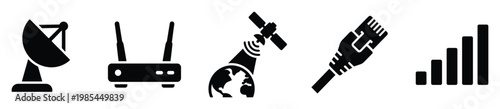 Modern communication technology icons set for digital interfaces representing internet connectivity, wireless networks, global satellite communication, and signal strength for various