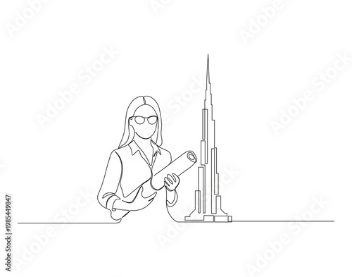 Continuous single line drawing of civil engineer reading blueprint paper and company corporate building. Architect reading blueprint paper single line vector illustration. Editable outline.