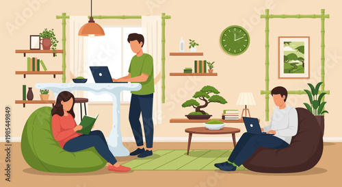 People working and relaxing in a modern living room.