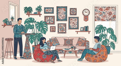People relaxing and working in a cozy living room setting.