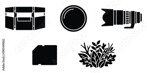 Photography equipment and natural bush silhouettes for graphic design resources, professional branding, educational content, and digital media projects.