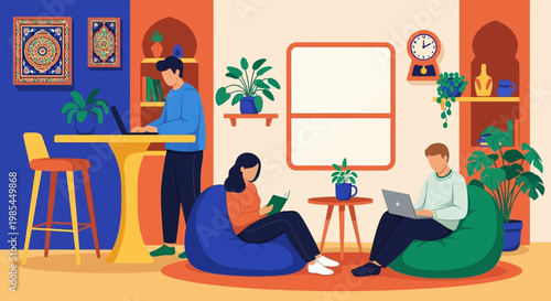 People working and relaxing in a cozy coworking space.