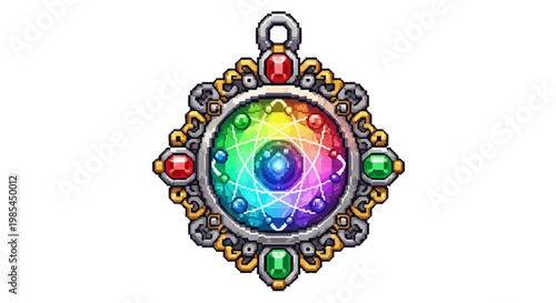 Ornate Rainbow Gemstone Amulet with Mystical Energy Symbol.