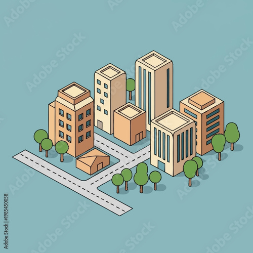 Isometric illustration of a city block.