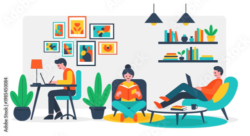 People working and relaxing in a cozy home environment.
