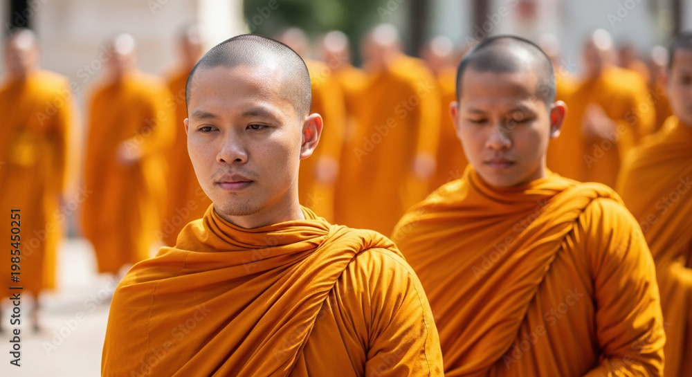 Fototapeta premium Buddhist monks in procession wearing orange robes outdoors 