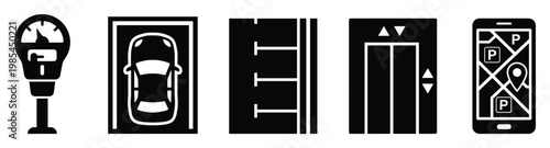 Collection of essential icons representing urban parking solutions, transportation services, and digital navigation for modern city living and mobility applications