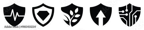 Shield symbols conveying comprehensive security and protection across health, value, sustainability, progress, and technological domains for various business and informational applications.
