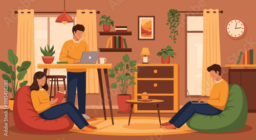 People working and relaxing in a cozy home environment.