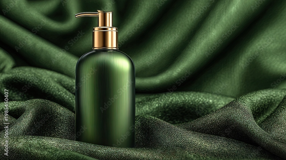 Naklejka premium Elegant Green Bottle Dispenser with Golden Accents on Luxurious Fabric