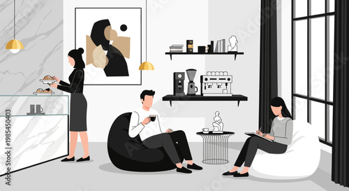 People relaxing and working in a modern lounge area.